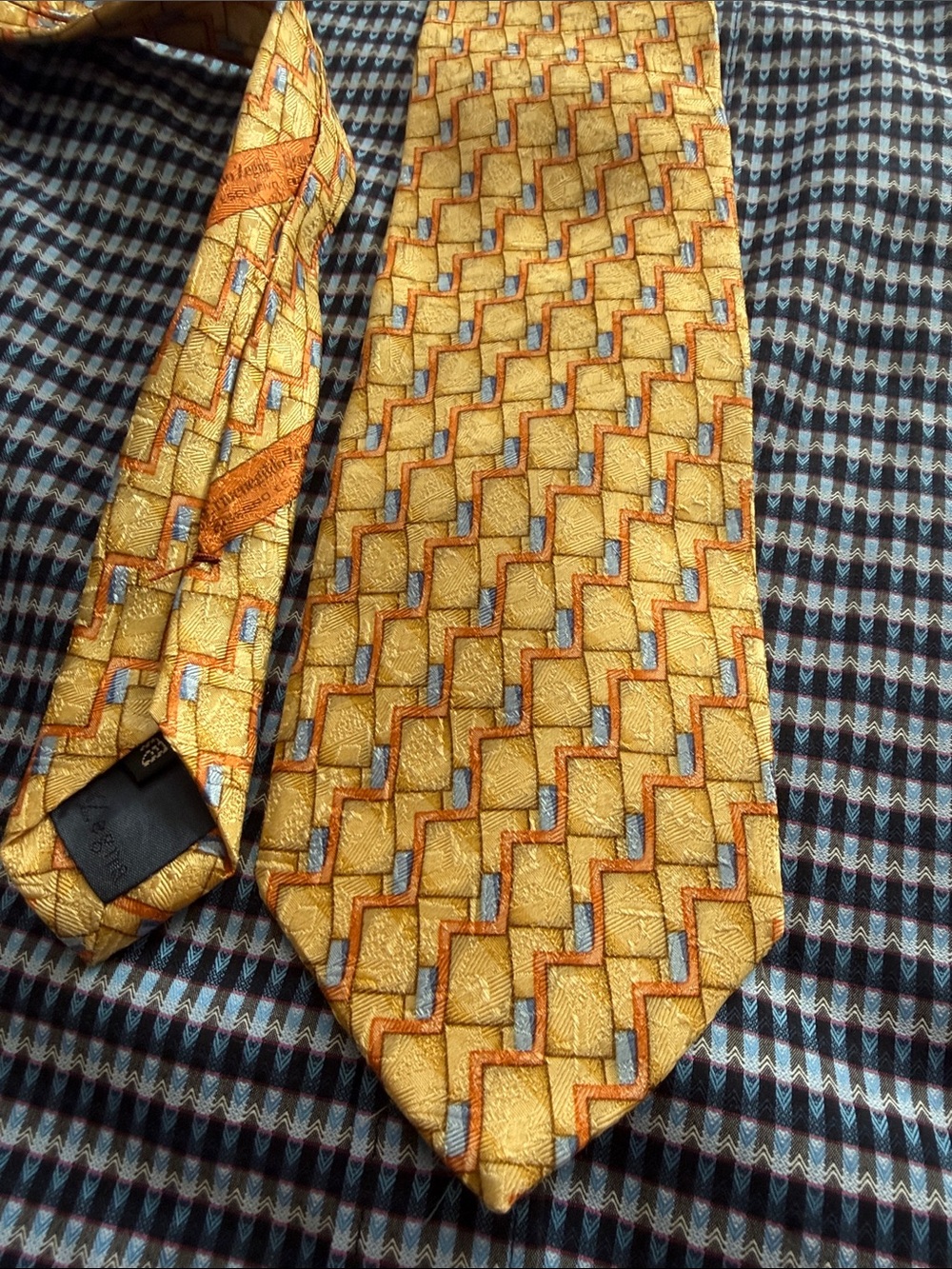 Ermenegildo Zegna Yellow and Blue Geometric Silk Tie 62"x 3,5" long